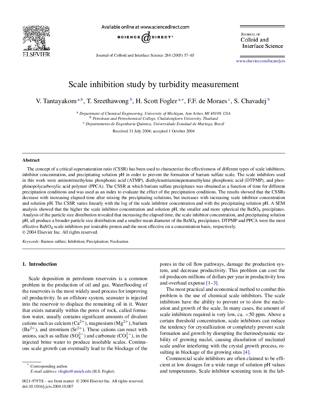 Scale inhibition study by turbidity measurement