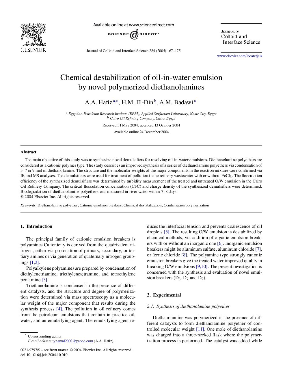 Chemical destabilization of oil-in-water emulsion by novel polymerized diethanolamines