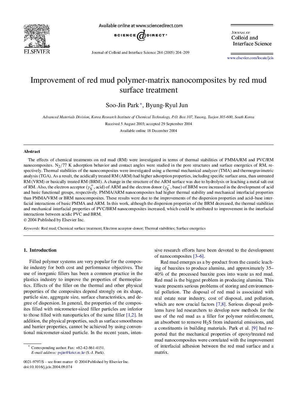 Improvement of red mud polymer-matrix nanocomposites by red mud surface treatment