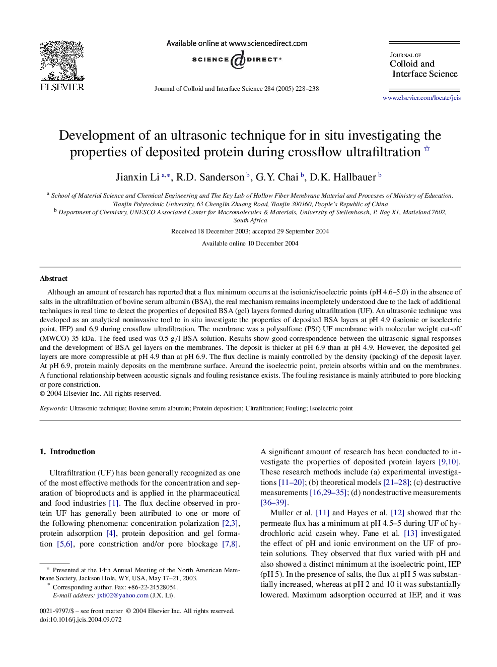 Development of an ultrasonic technique for in situ investigating the properties of deposited protein during crossflow ultrafiltration