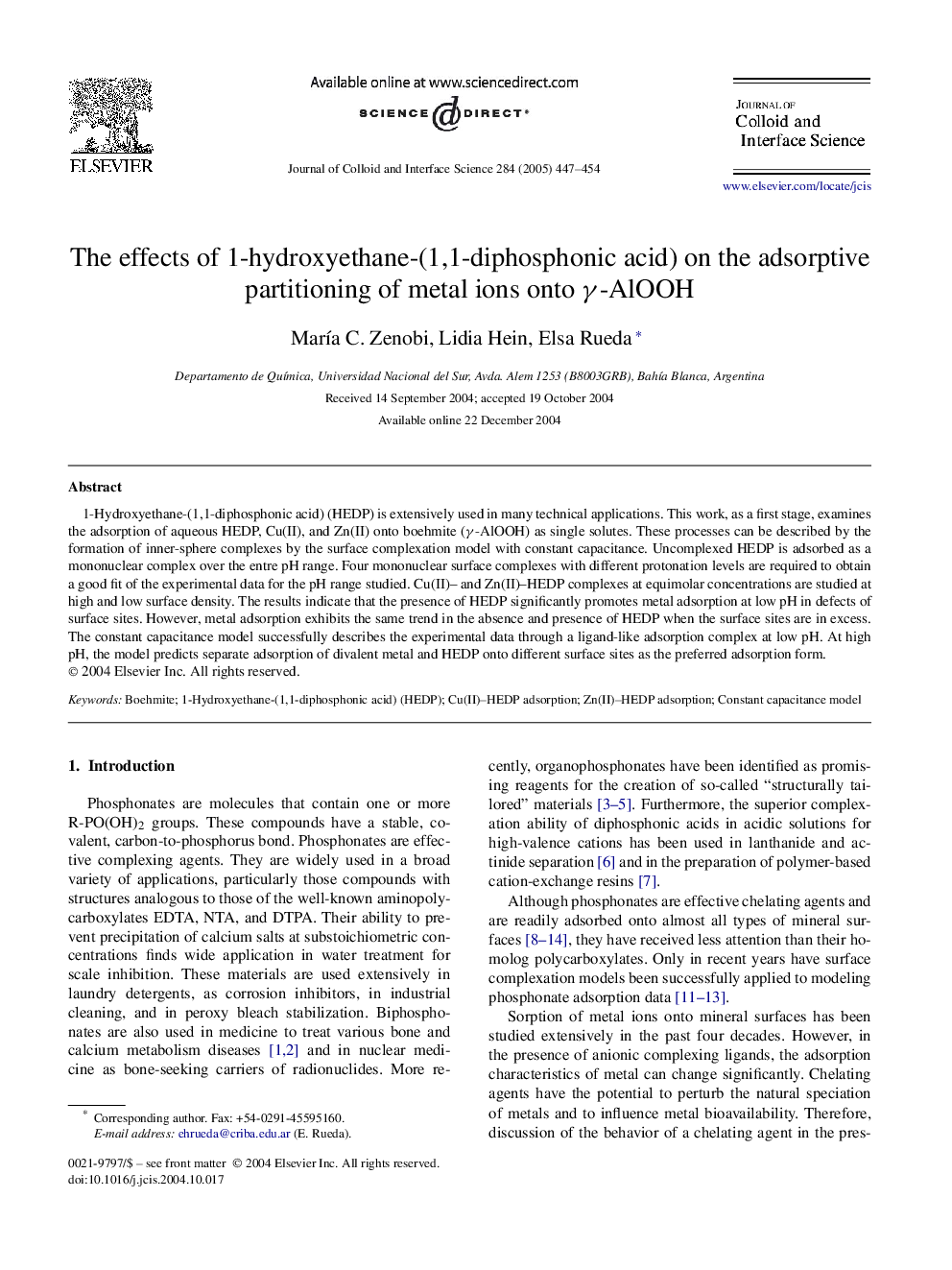 The effects of 1-hydroxyethane-(1,1-diphosphonic acid) on the adsorptive partitioning of metal ions onto Î³-AlOOH