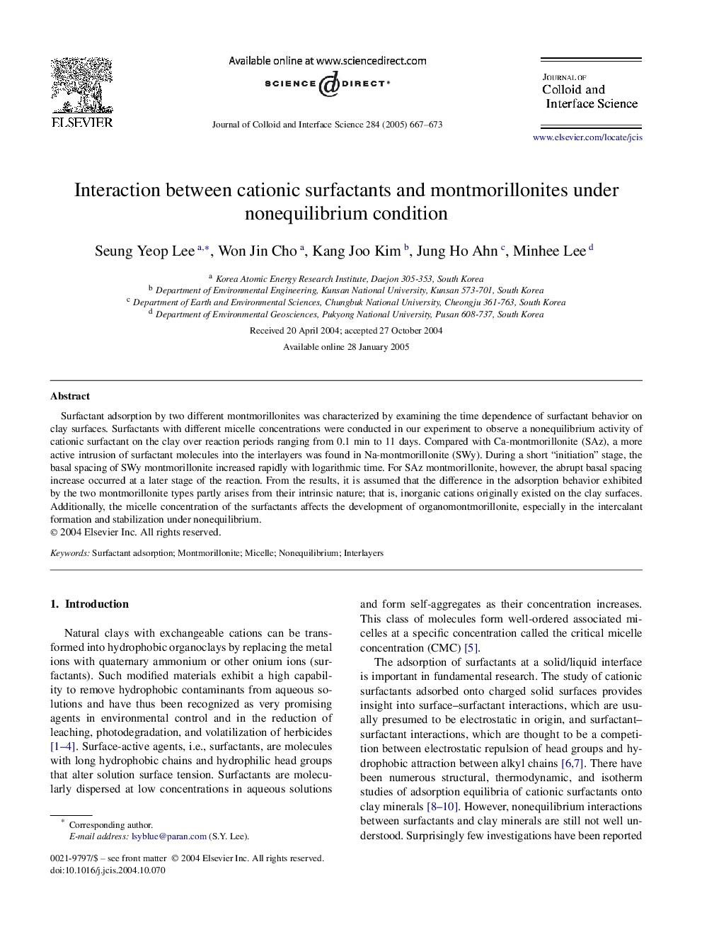 Interaction between cationic surfactants and montmorillonites under nonequilibrium condition