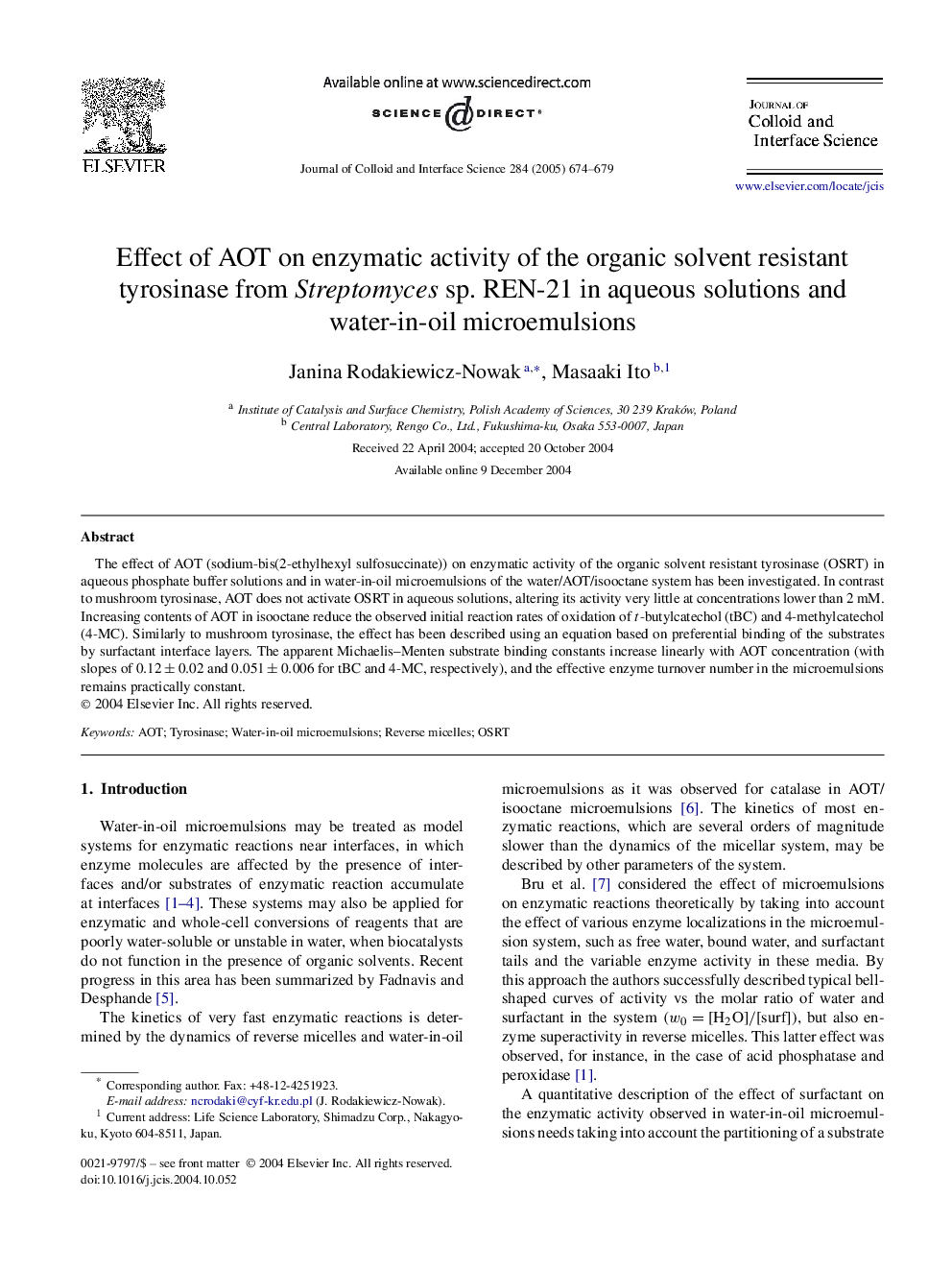 Effect of AOT on enzymatic activity of the organic solvent resistant tyrosinase from Streptomyces sp. REN-21 in aqueous solutions and water-in-oil microemulsions