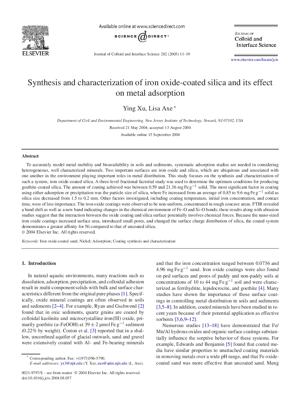 Synthesis and characterization of iron oxide-coated silica and its effect on metal adsorption