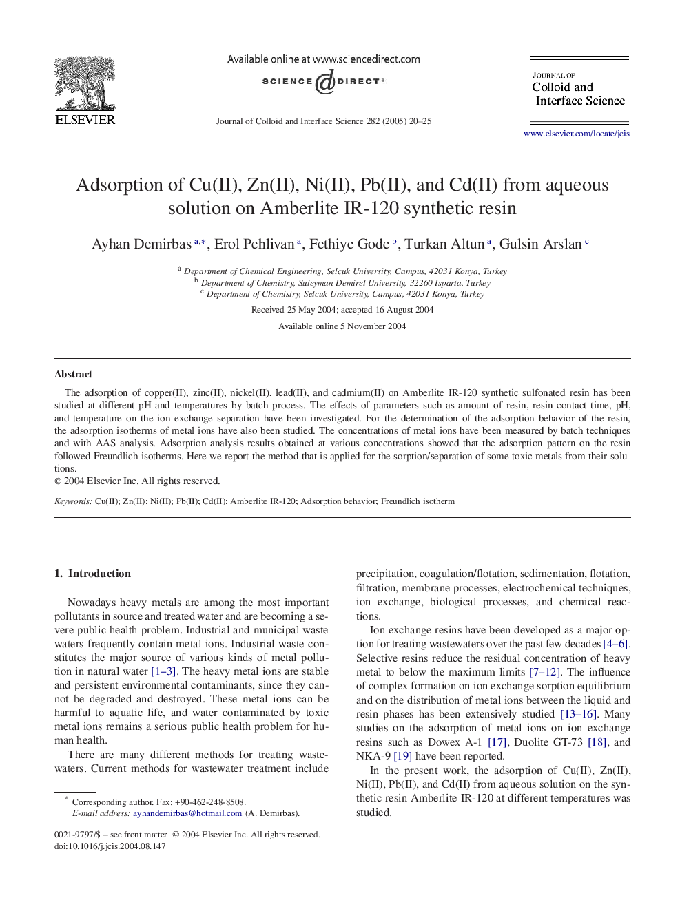 Adsorption of Cu(II), Zn(II), Ni(II), Pb(II), and Cd(II) from aqueous solution on Amberlite IR-120 synthetic resin