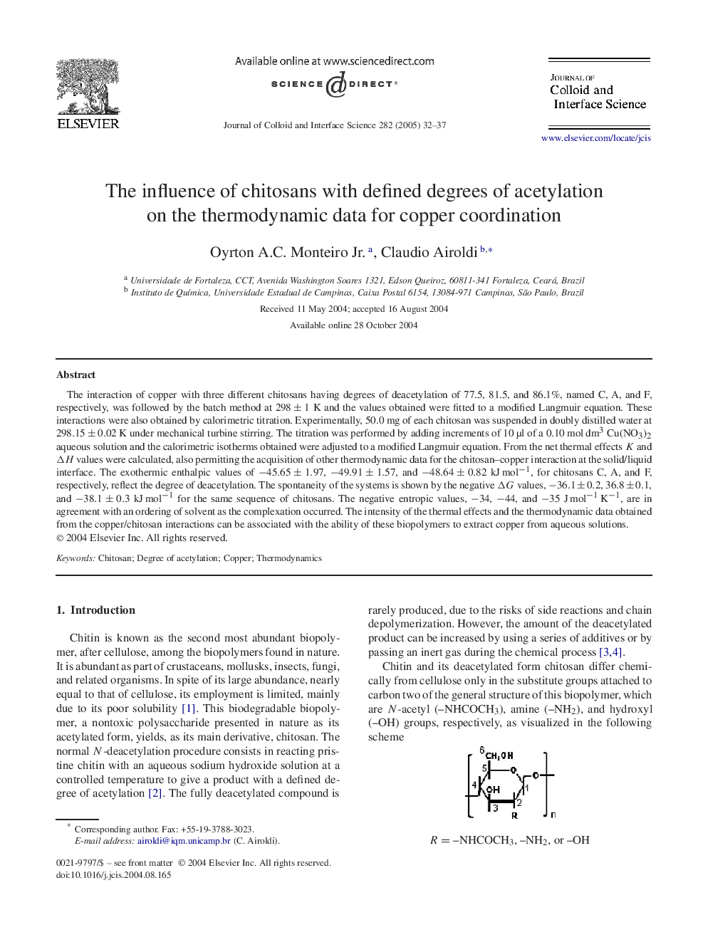 The influence of chitosans with defined degrees of acetylation on the thermodynamic data for copper coordination