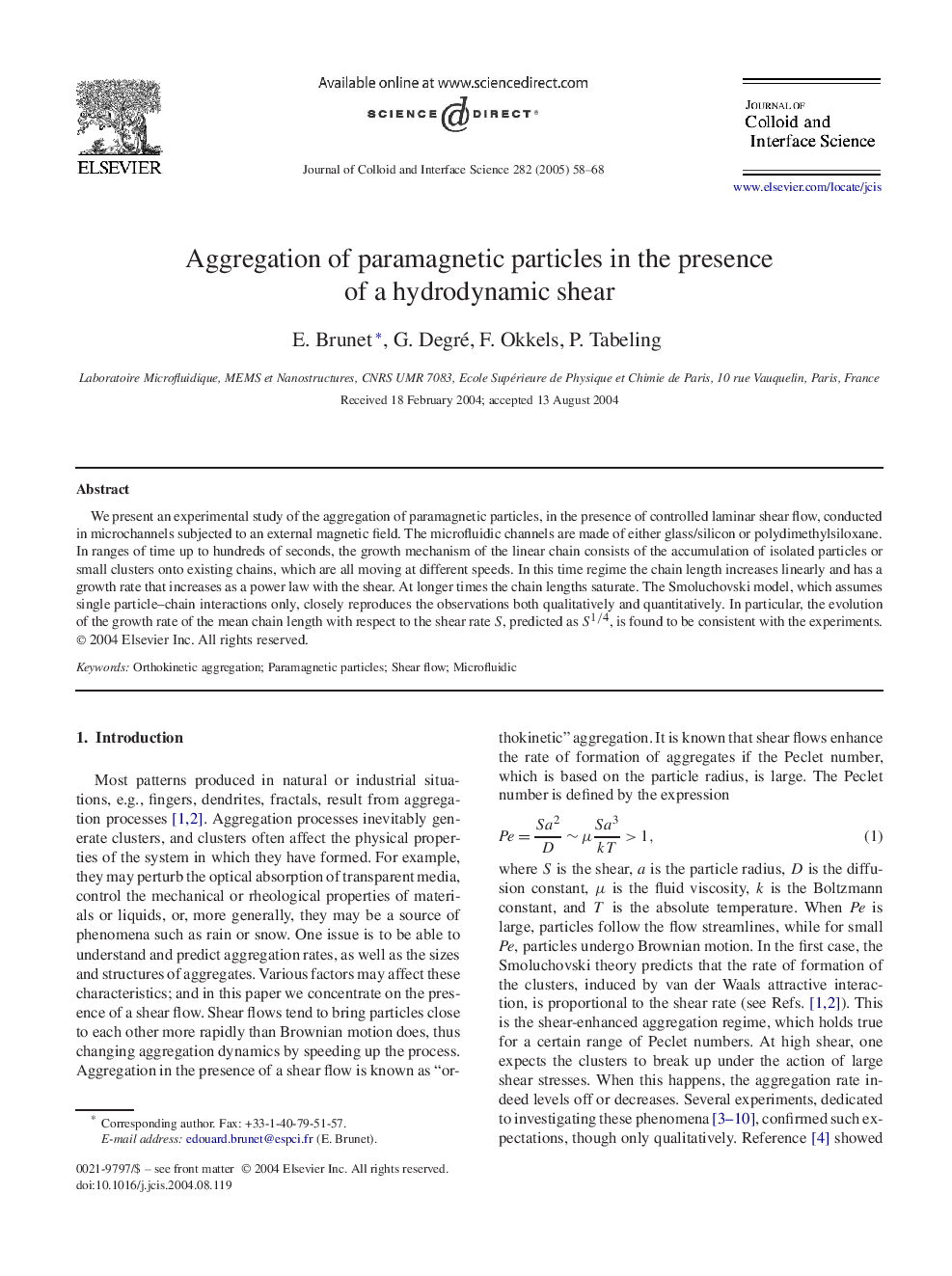 Aggregation of paramagnetic particles in the presence of a hydrodynamic shear