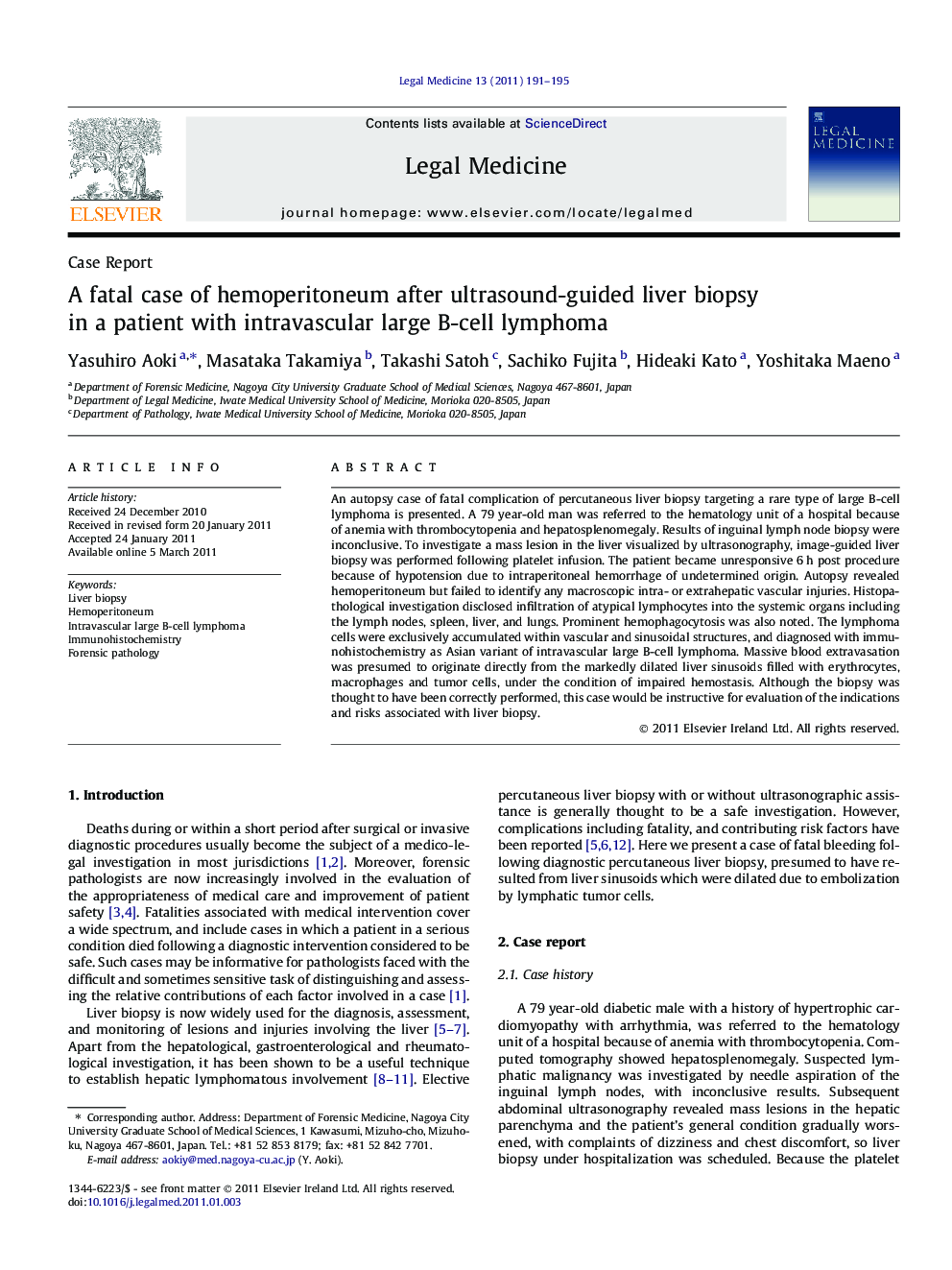 A fatal case of hemoperitoneum after ultrasound-guided liver biopsy in a patient with intravascular large B-cell lymphoma