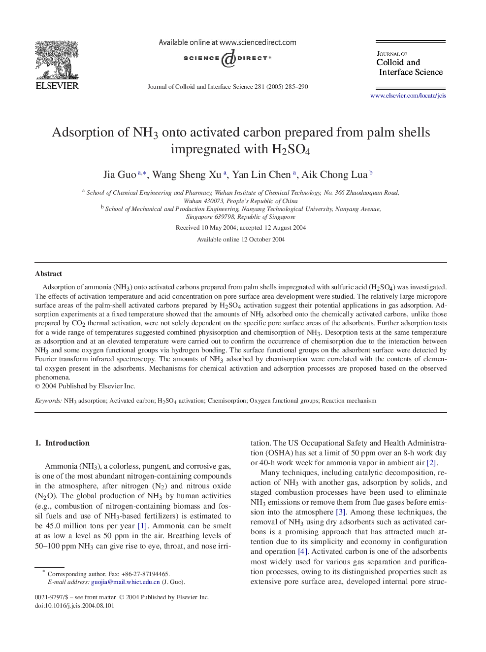 Adsorption of NH3 onto activated carbon prepared from palm shells impregnated with H2SO4