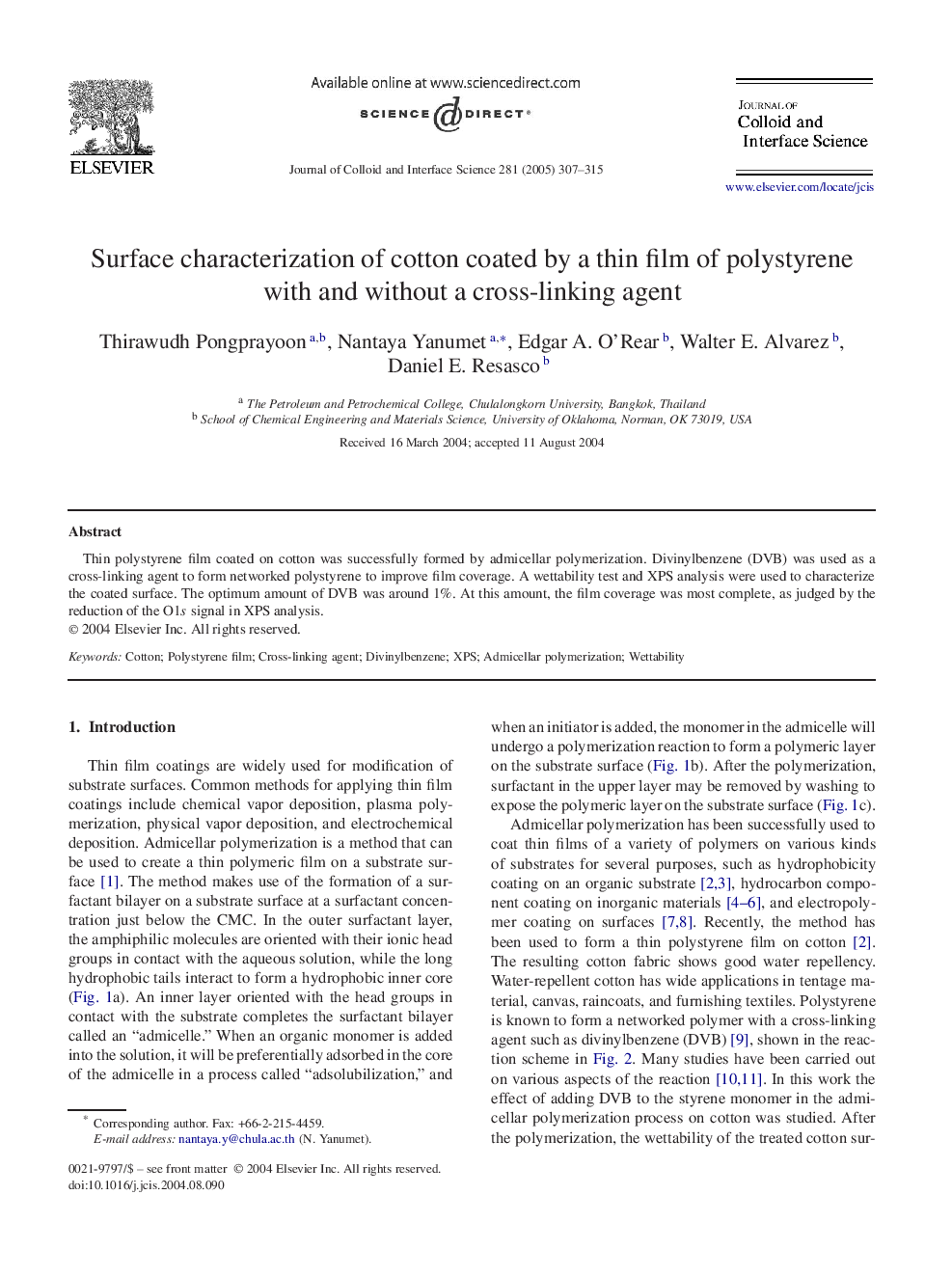 Surface characterization of cotton coated by a thin film of polystyrene with and without a cross-linking agent