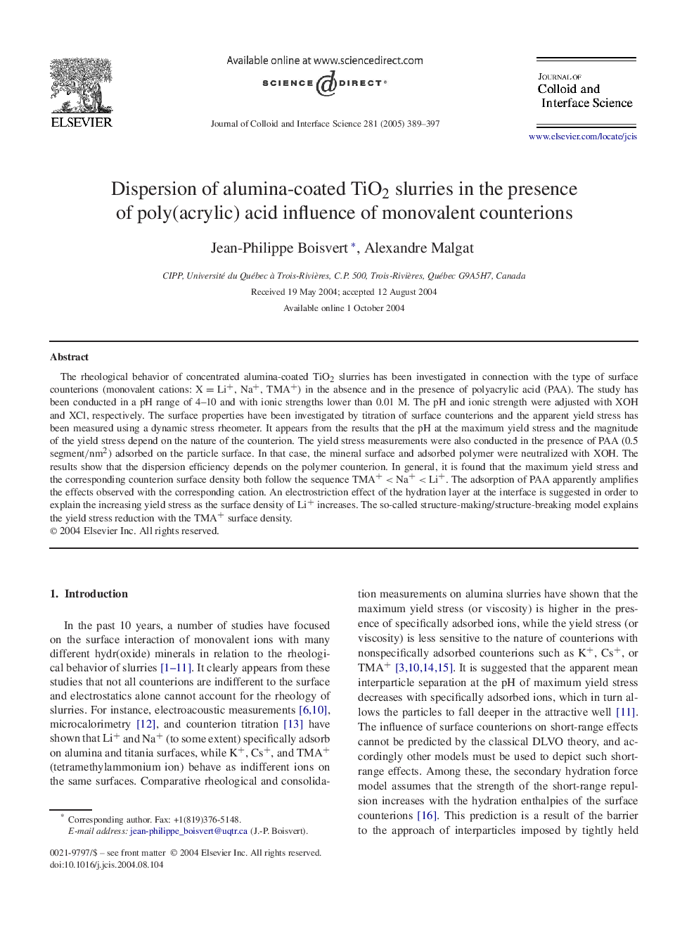 Dispersion of alumina-coated TiO2 slurries in the presence of poly(acrylic) acid influence of monovalent counterions