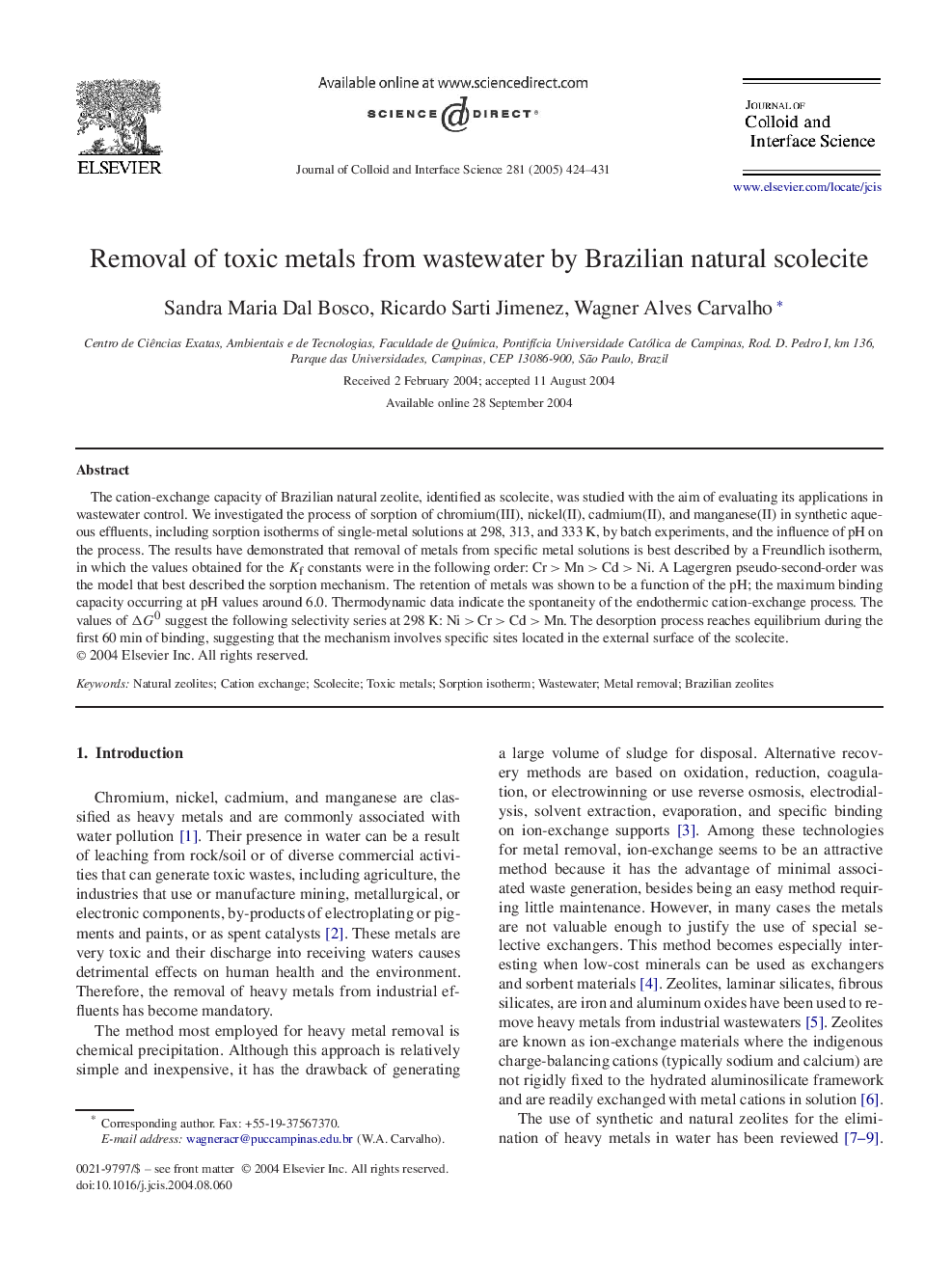 Removal of toxic metals from wastewater by Brazilian natural scolecite