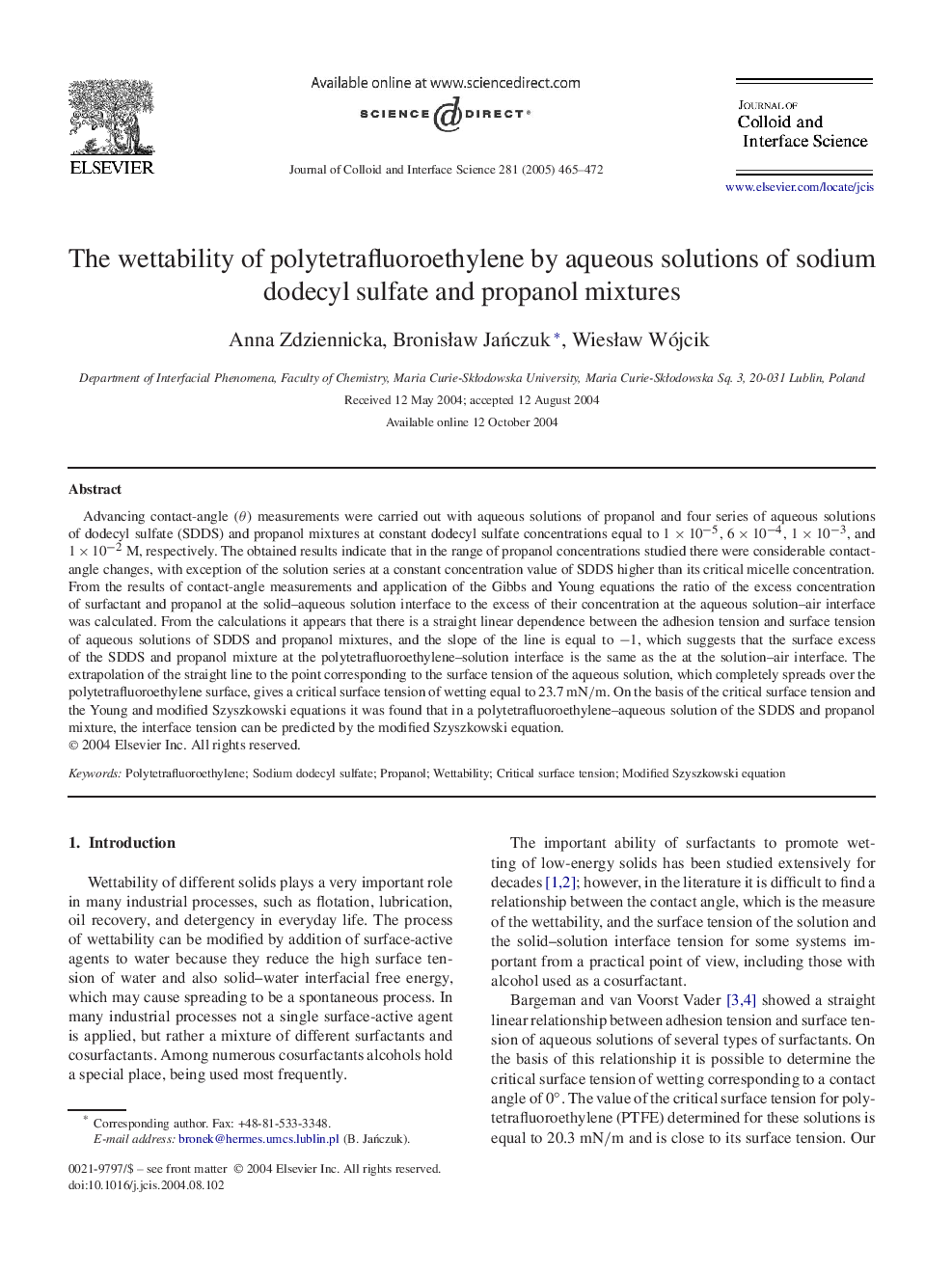 The wettability of polytetrafluoroethylene by aqueous solutions of sodium dodecyl sulfate and propanol mixtures