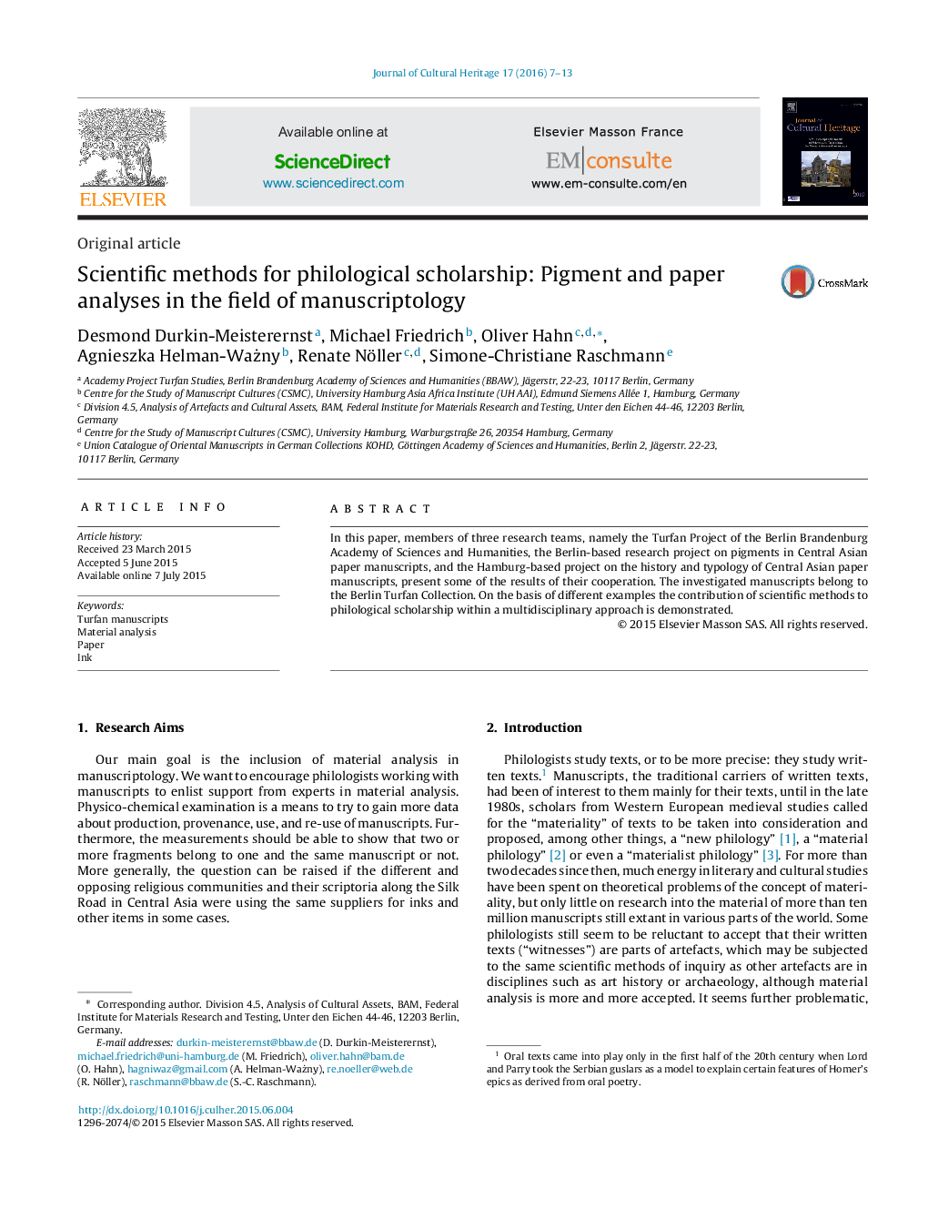 Scientific methods for philological scholarship: Pigment and paper analyses in the field of manuscriptology