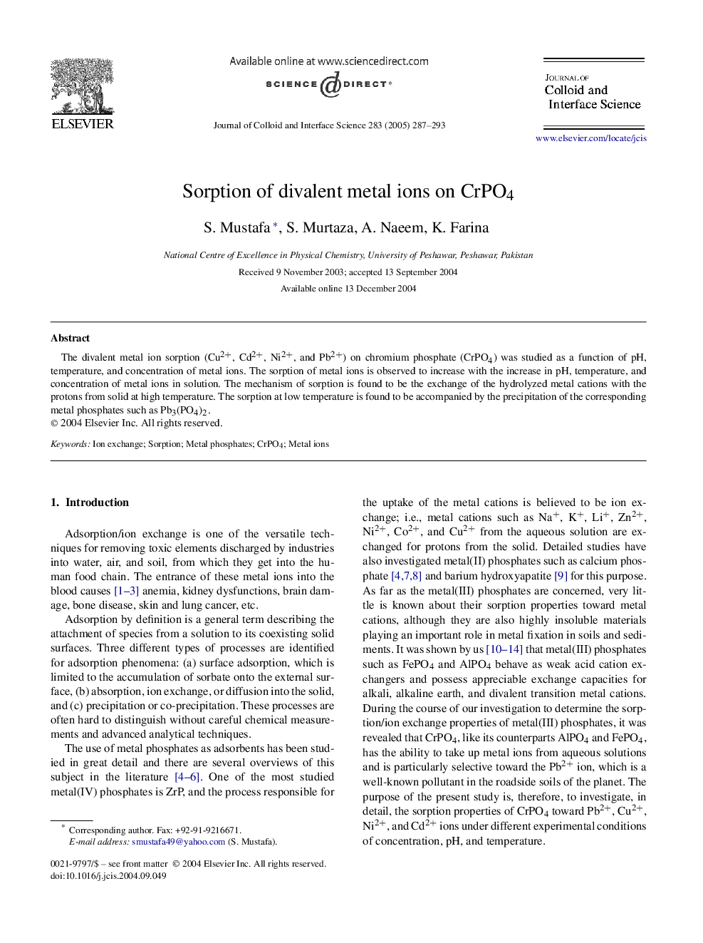 Sorption of divalent metal ions on CrPO4