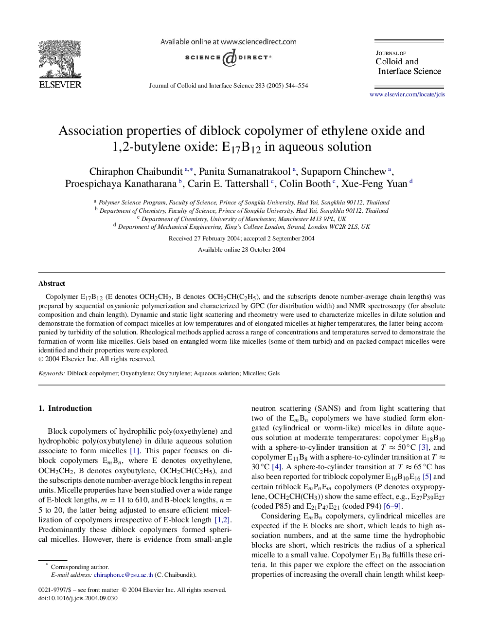 Association properties of diblock copolymer of ethylene oxide and 1,2-butylene oxide: E17B12 in aqueous solution