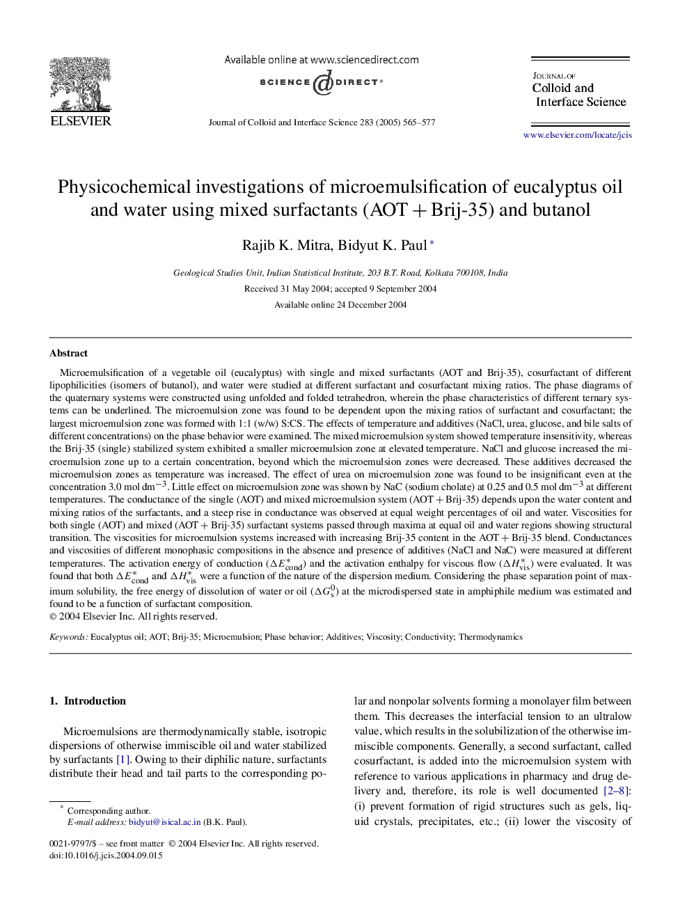 Physicochemical investigations of microemulsification of eucalyptus oil and water using mixed surfactants (AOTÂ +Â Brij-35) and butanol