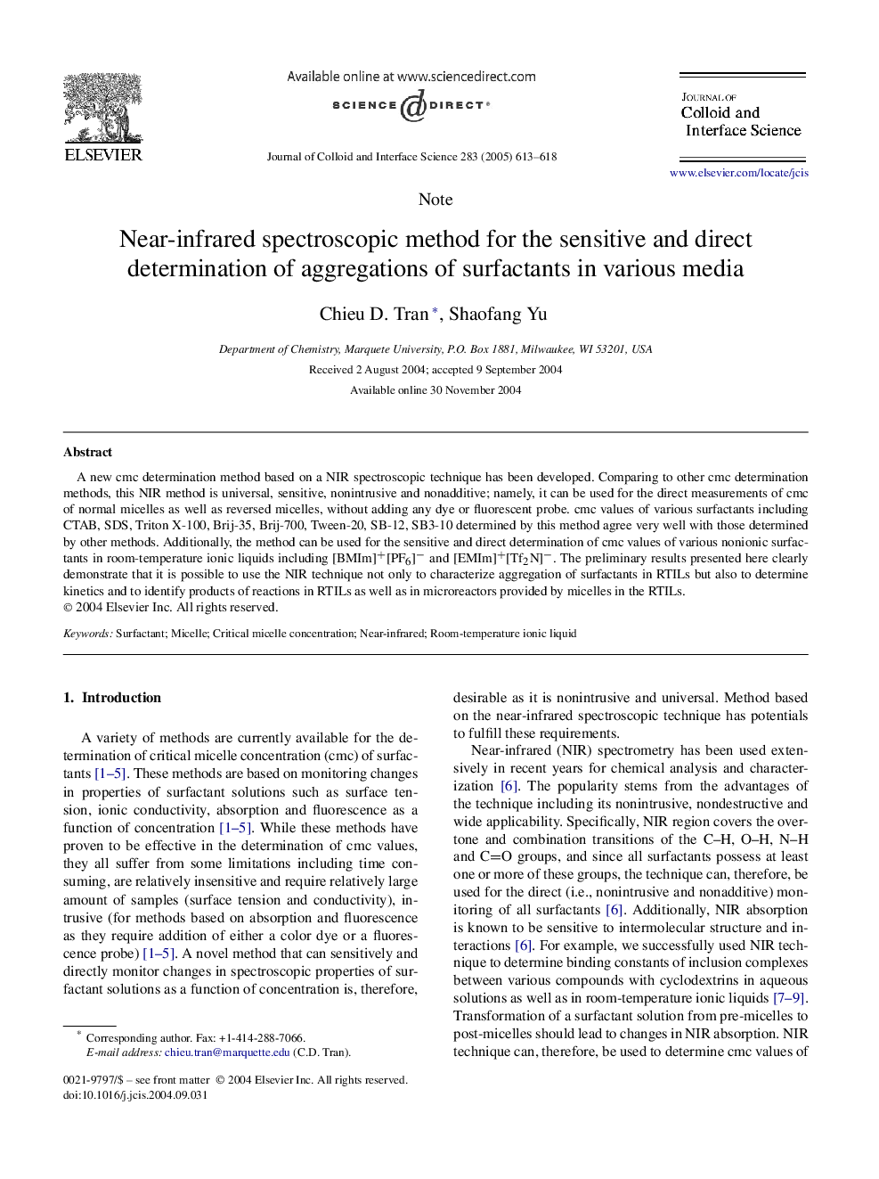 Near-infrared spectroscopic method for the sensitive and direct determination of aggregations of surfactants in various media