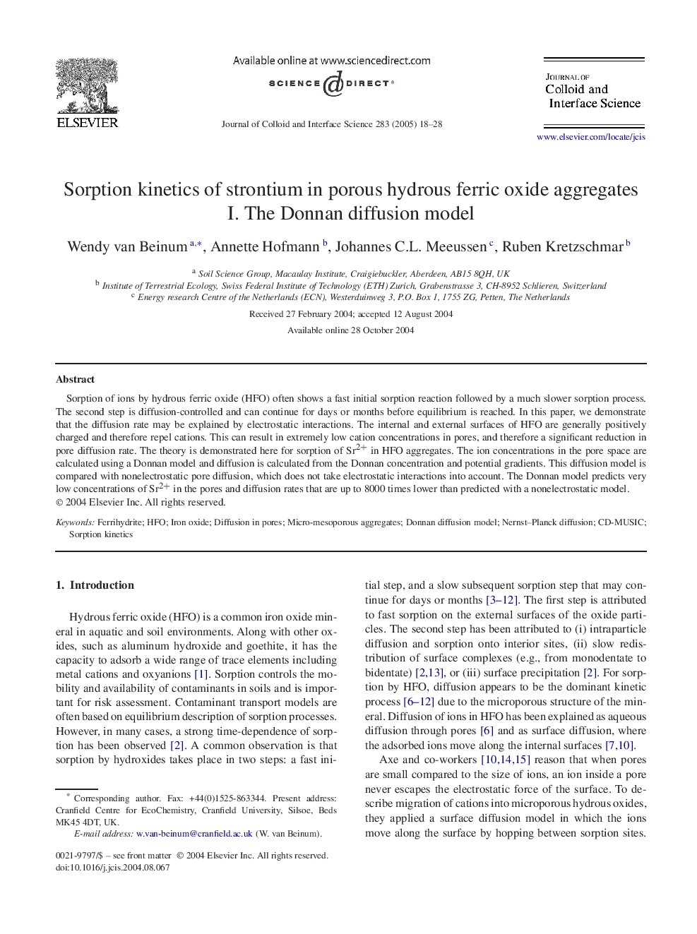 Sorption kinetics of strontium in porous hydrous ferric oxide aggregates