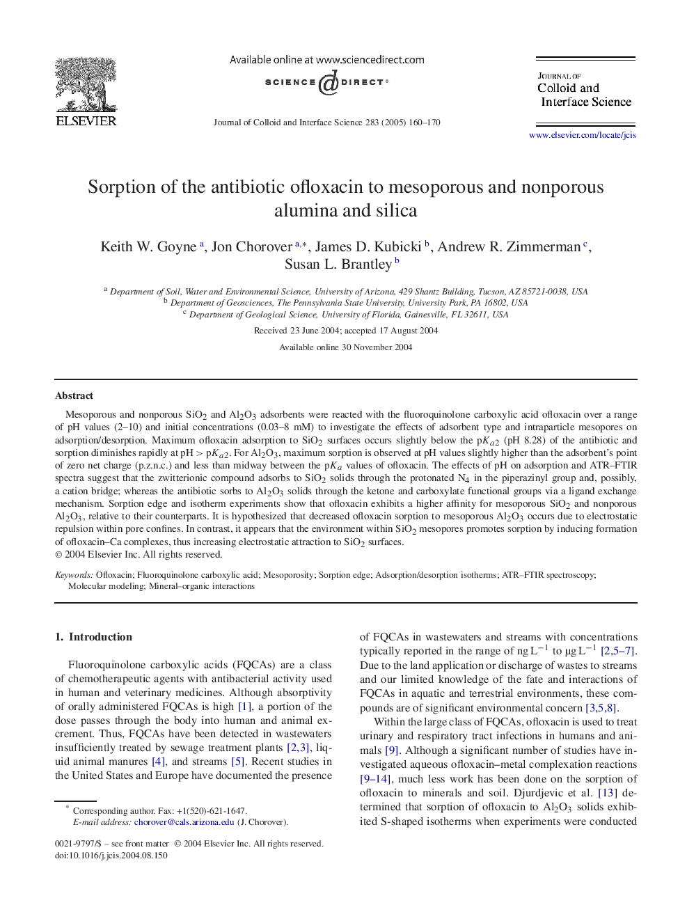 Sorption of the antibiotic ofloxacin to mesoporous and nonporous alumina and silica