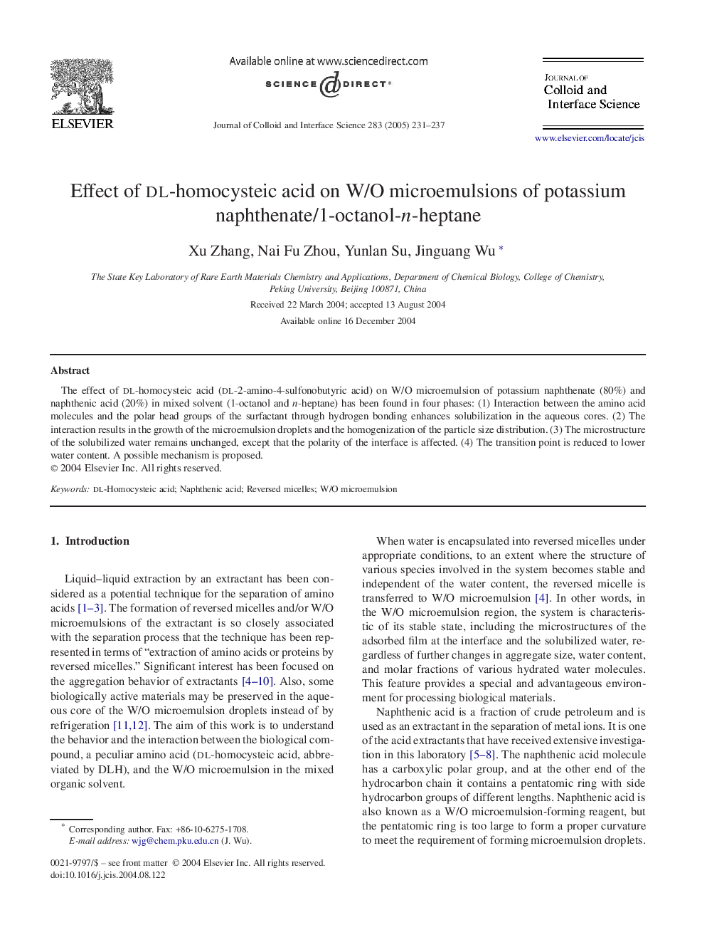 Effect of dl-homocysteic acid on W/O microemulsions of potassium naphthenate/1-octanol-n-heptane