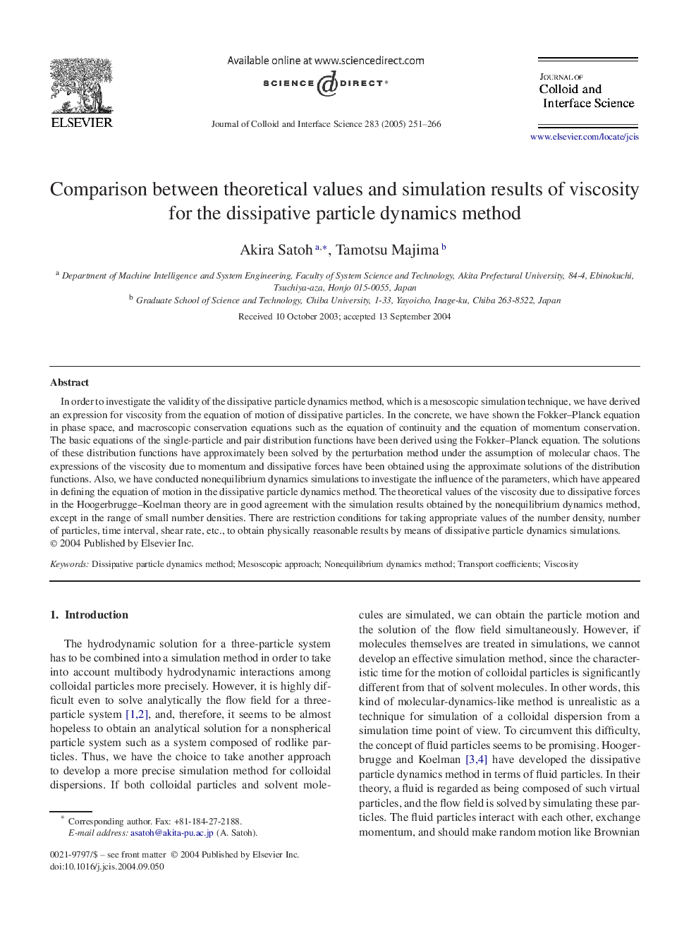 Comparison between theoretical values and simulation results of viscosity for the dissipative particle dynamics method