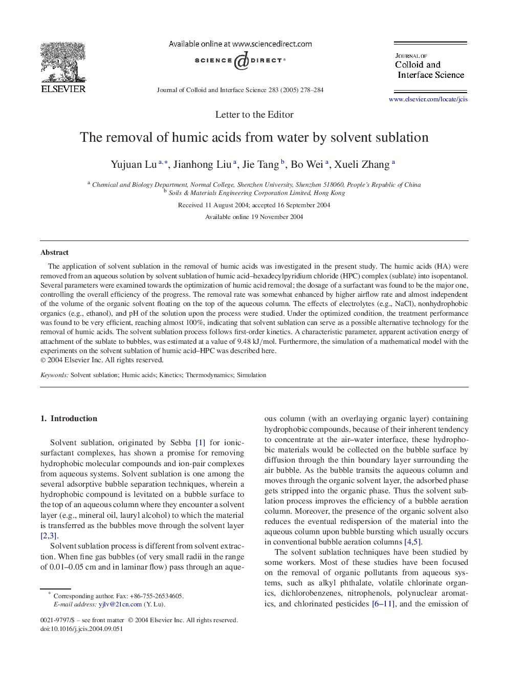 The removal of humic acids from water by solvent sublation