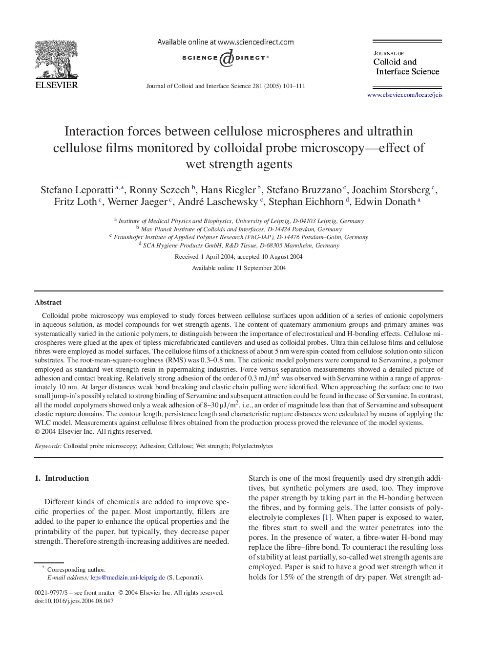 Interaction forces between cellulose microspheres and ultrathin cellulose films monitored by colloidal probe microscopy-effect of wet strength agents