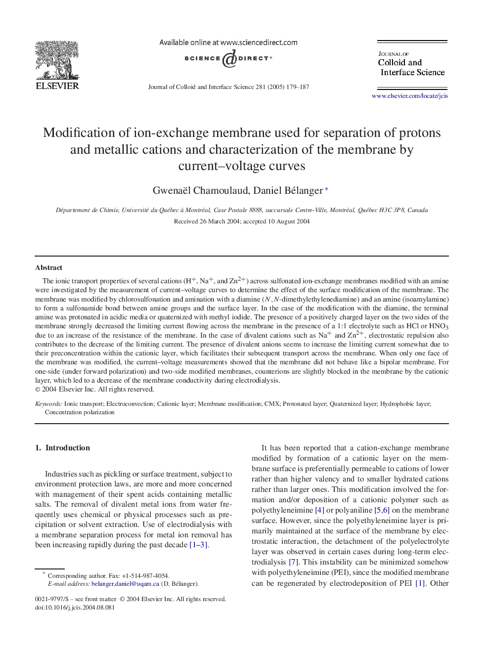 Modification of ion-exchange membrane used for separation of protons and metallic cations and characterization of the membrane by current-voltage curves