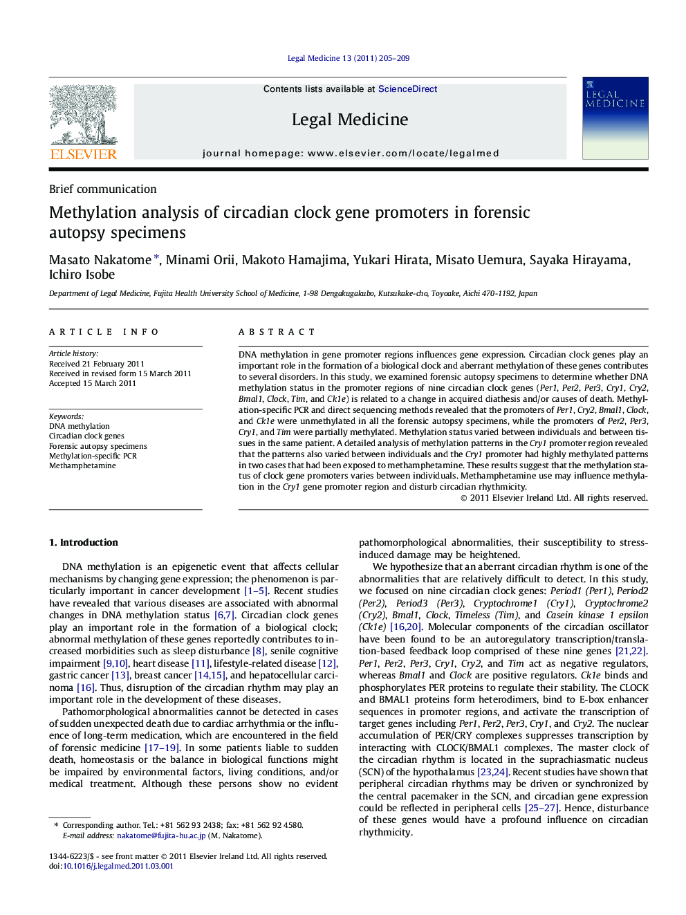 Methylation analysis of circadian clock gene promoters in forensic autopsy specimens