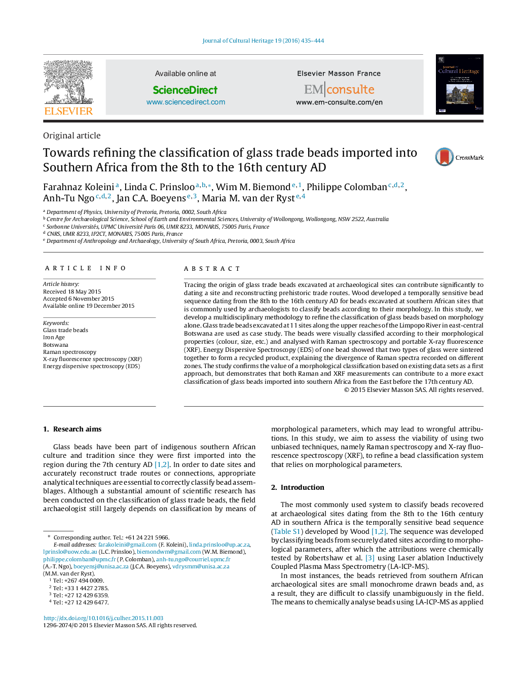 Towards refining the classification of glass trade beads imported into Southern Africa from the 8th to the 16th century AD