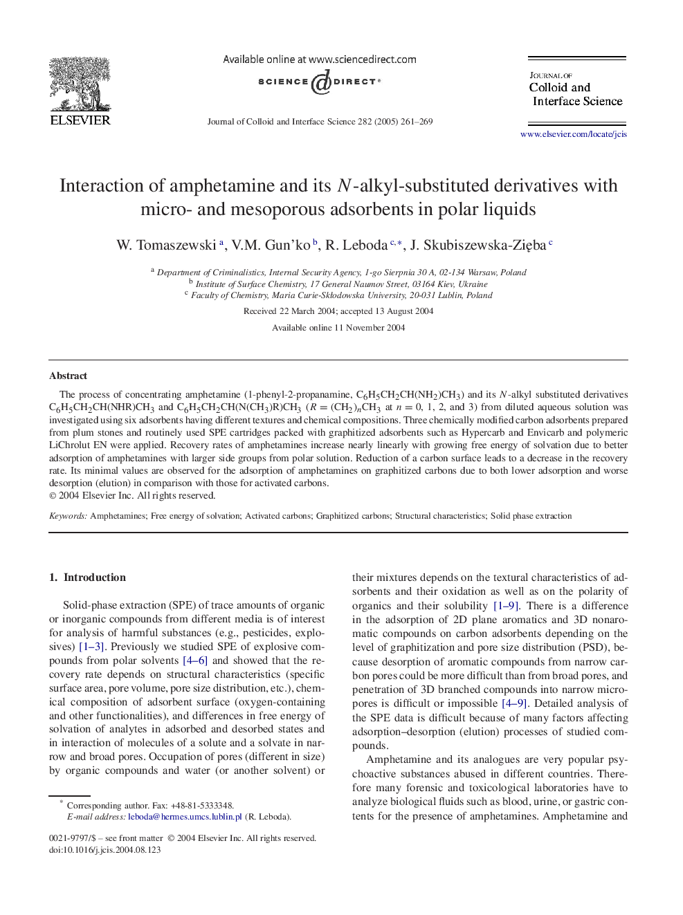 Interaction of amphetamine and its N-alkyl-substituted derivatives with micro- and mesoporous adsorbents in polar liquids