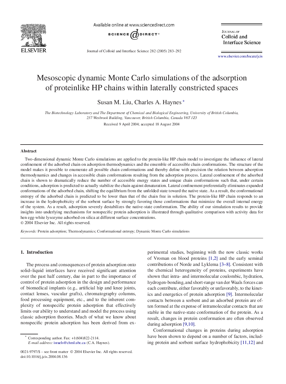 Mesoscopic dynamic Monte Carlo simulations of the adsorption of proteinlike HP chains within laterally constricted spaces