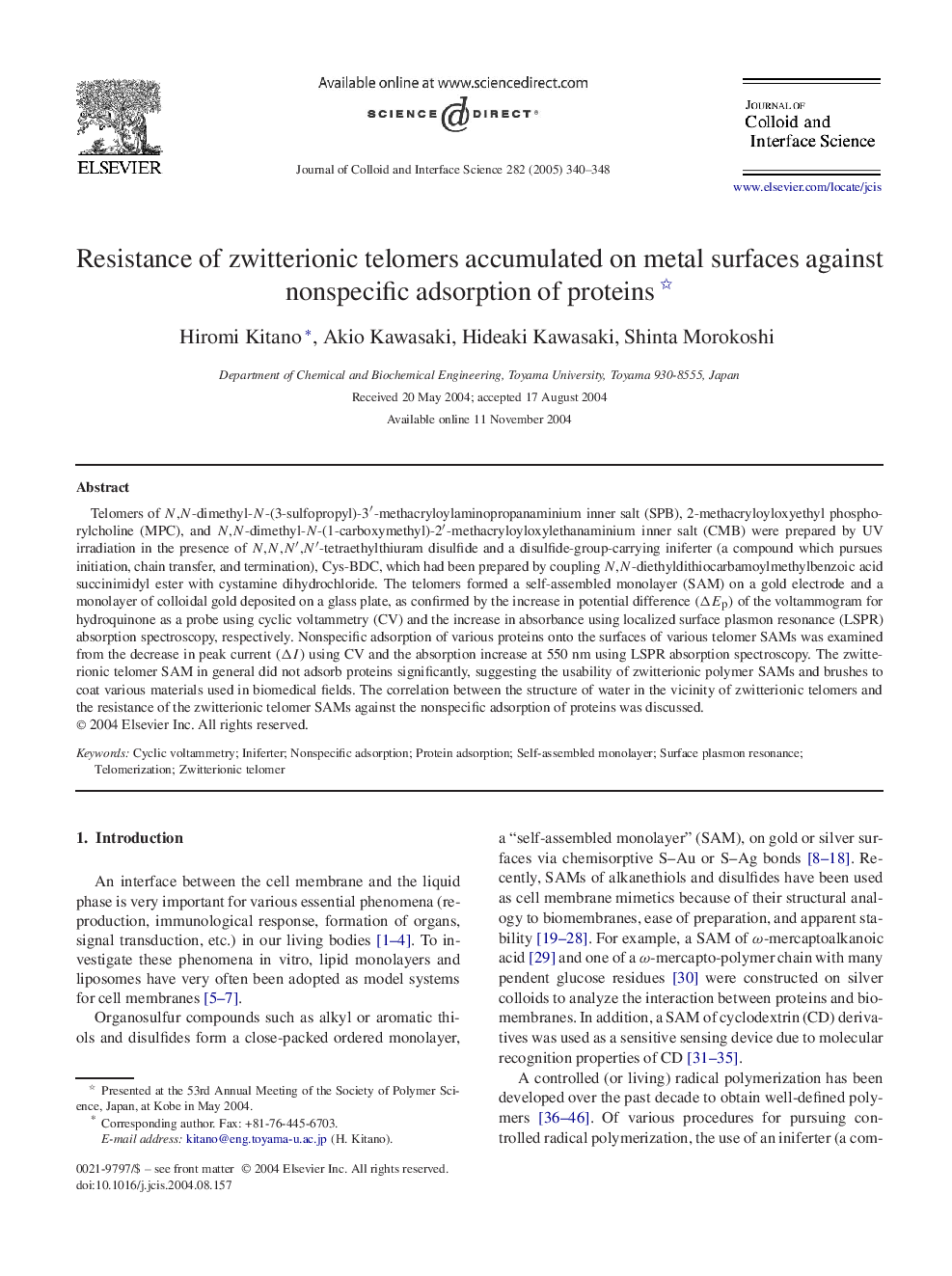 Resistance of zwitterionic telomers accumulated on metal surfaces against nonspecific adsorption of proteins