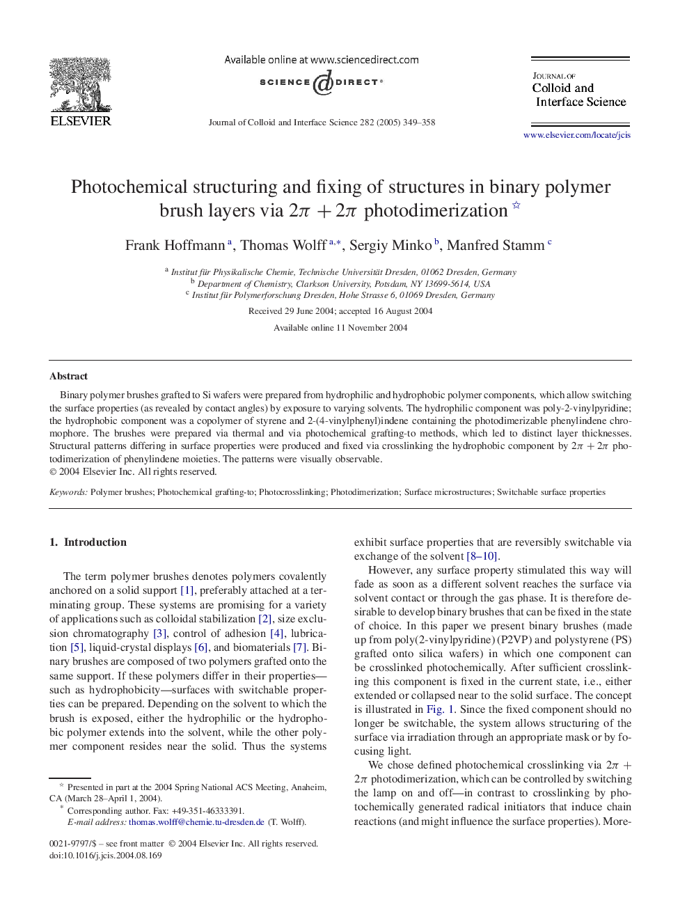 Photochemical structuring and fixing of structures in binary polymer brush layers via 2Ï+2Ï photodimerization