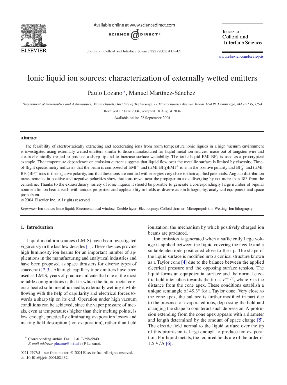 عکس صفحه اول مقاله: Ionic liquid ion sources: characterization of externally wetted emitters Ionic liquid ion sources: characterization of externally wetted emitters