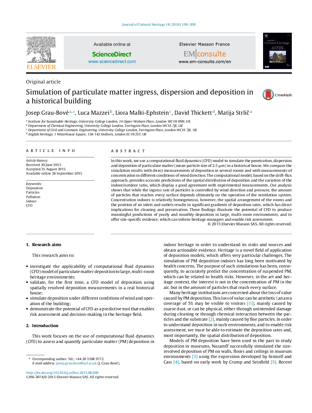 Simulation of particulate matter ingress, dispersion and deposition in a historical building