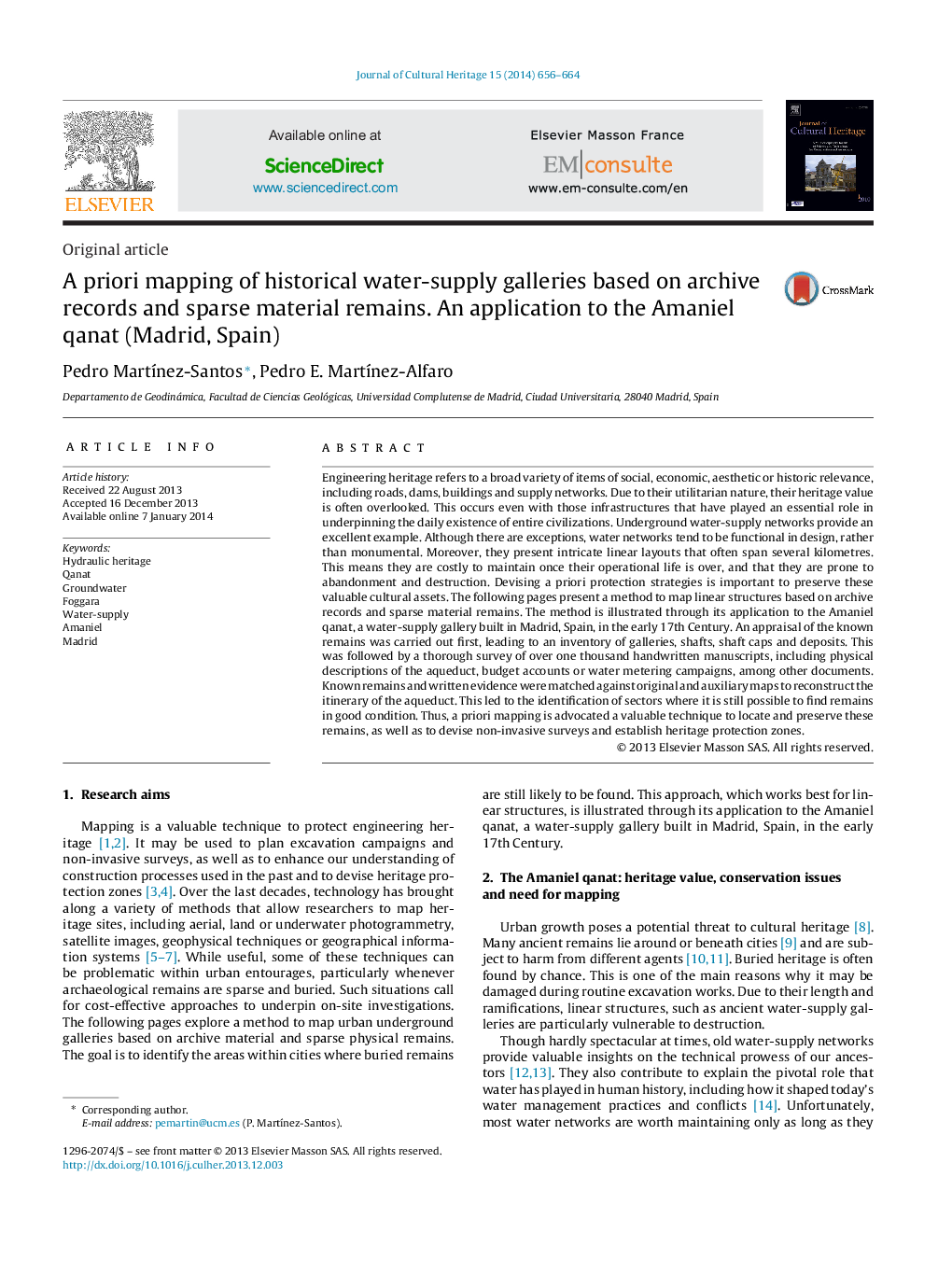 A priori mapping of historical water-supply galleries based on archive records and sparse material remains. An application to the Amaniel qanat (Madrid, Spain)