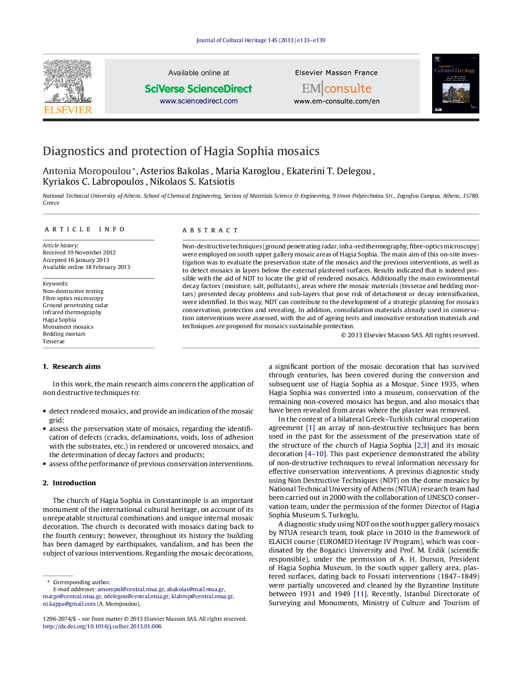 Diagnostics and protection of Hagia Sophia mosaics