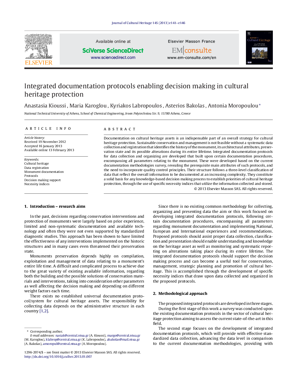 عکس صفحه اول مقاله: Integrated documentation protocols enabling decision making in cultural heritage protection Integrated documentation protocols enabling decision making in cultural heritage protection