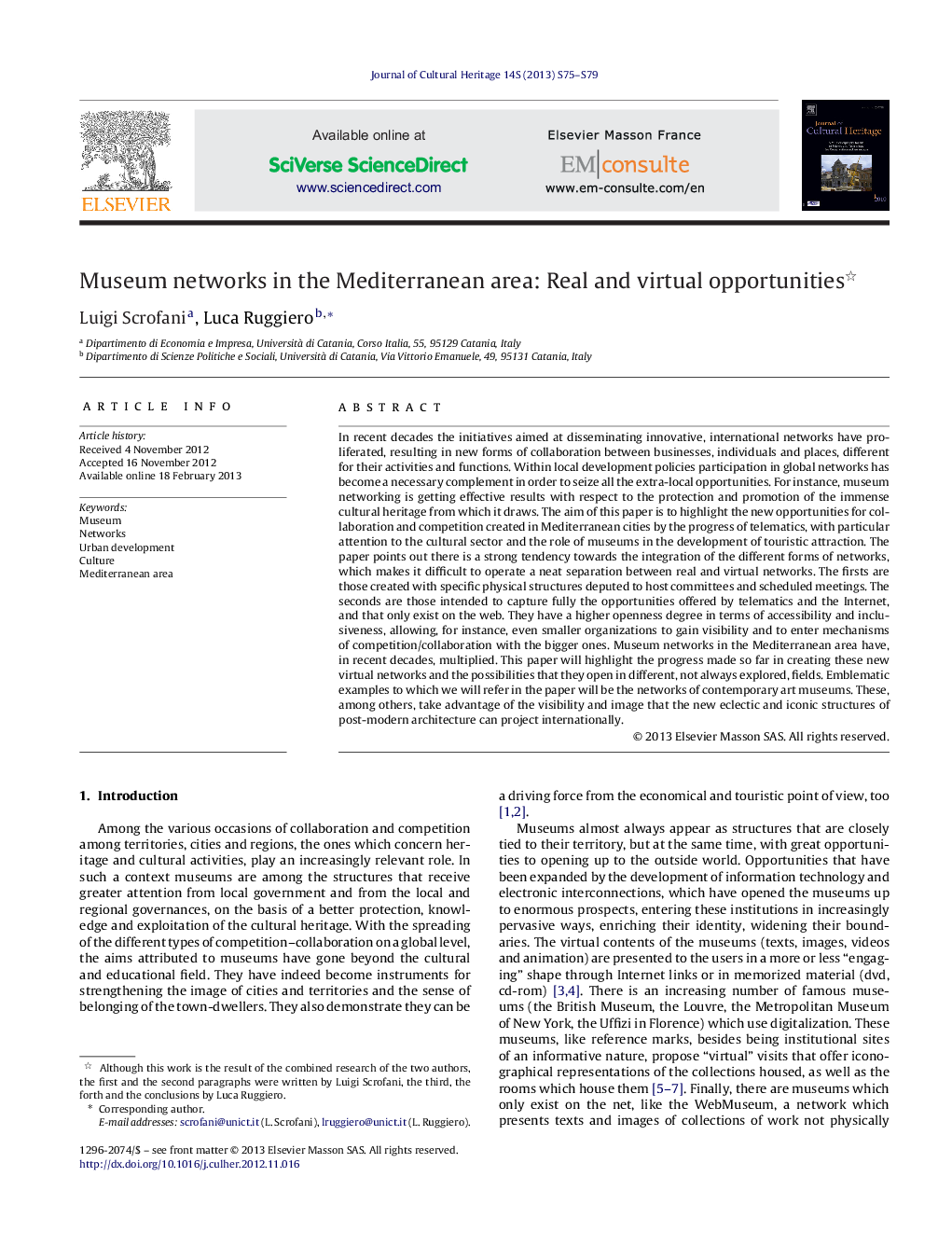 Museum networks in the Mediterranean area: Real and virtual opportunities 