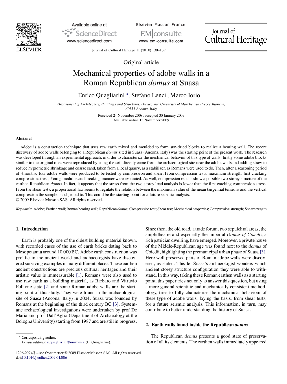 Mechanical properties of adobe walls in a Roman Republican domus at Suasa