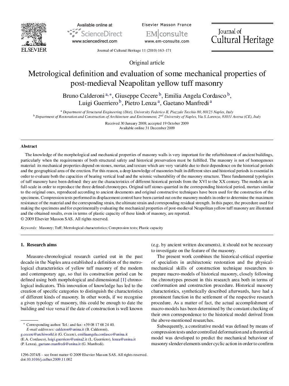 Metrological definition and evaluation of some mechanical properties of post-medieval Neapolitan yellow tuff masonry