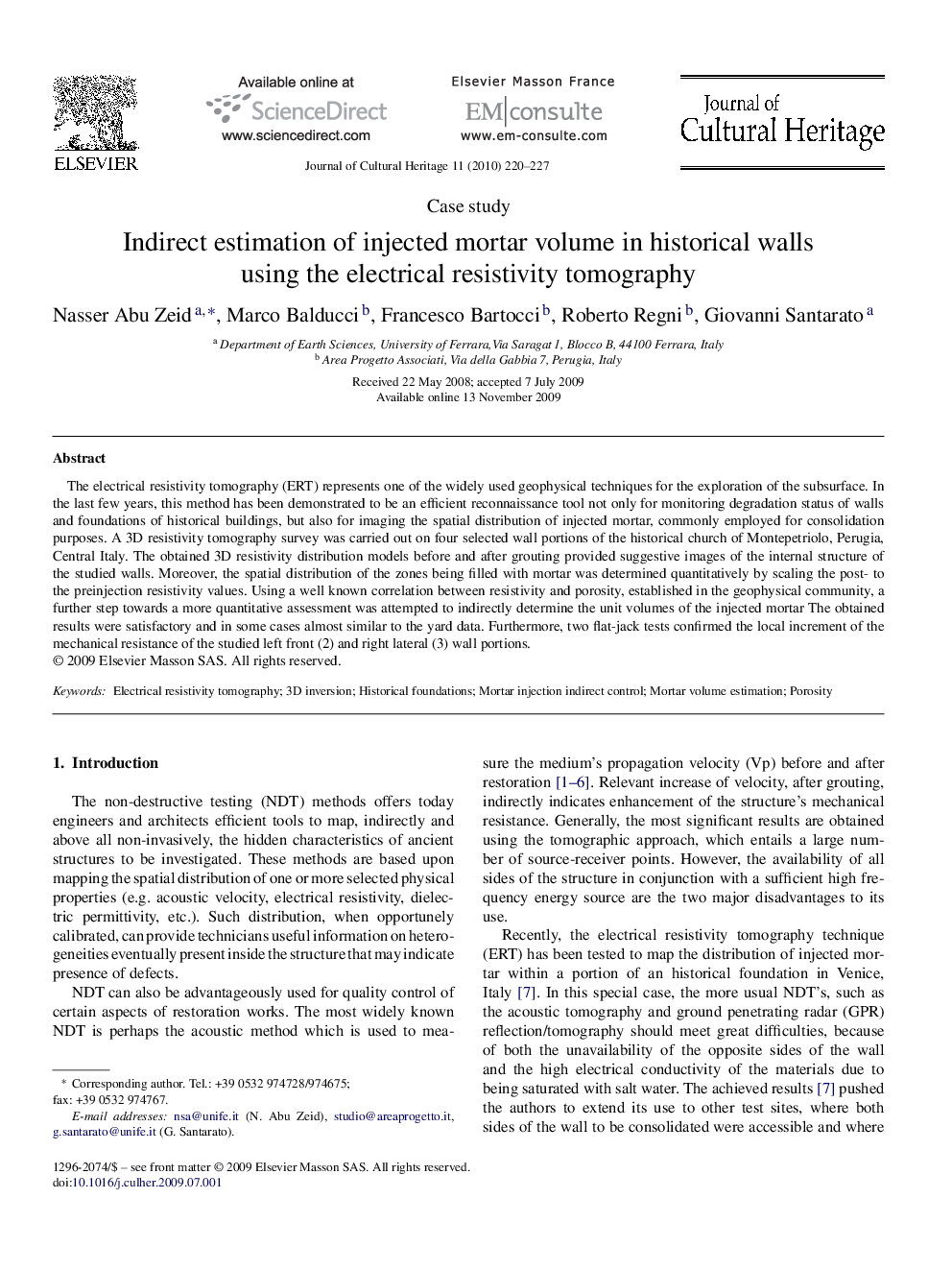 Indirect estimation of injected mortar volume in historical walls using the electrical resistivity tomography