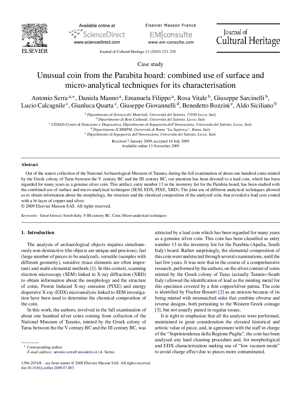 Unusual coin from the Parabita hoard: combined use of surface and micro-analytical techniques for its characterisation