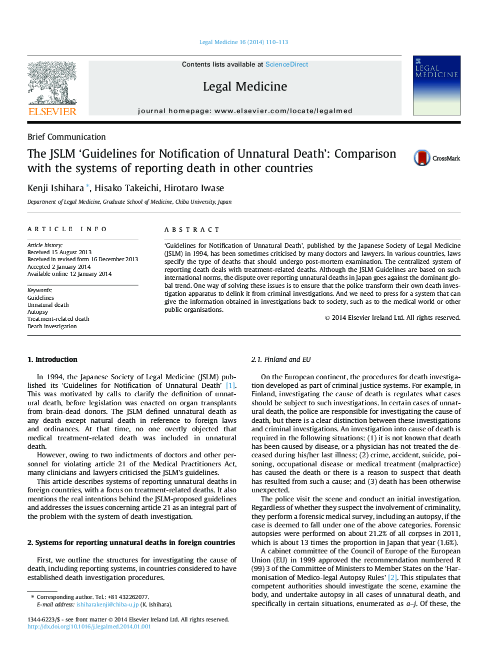 The JSLM 'Guidelines for Notification of Unnatural Death': Comparison with the systems of reporting death in other countries