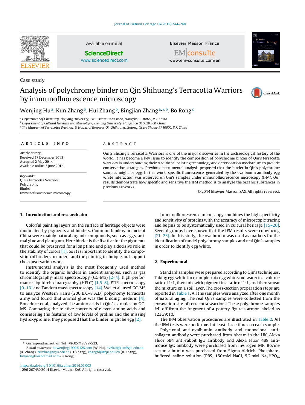 Analysis of polychromy binder on Qin Shihuang's Terracotta Warriors by immunofluorescence microscopy