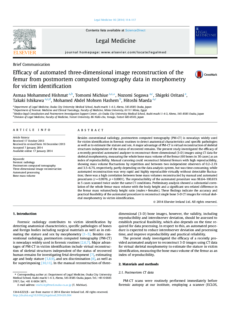 Efficacy of automated three-dimensional image reconstruction of the femur from postmortem computed tomography data in morphometry for victim identification