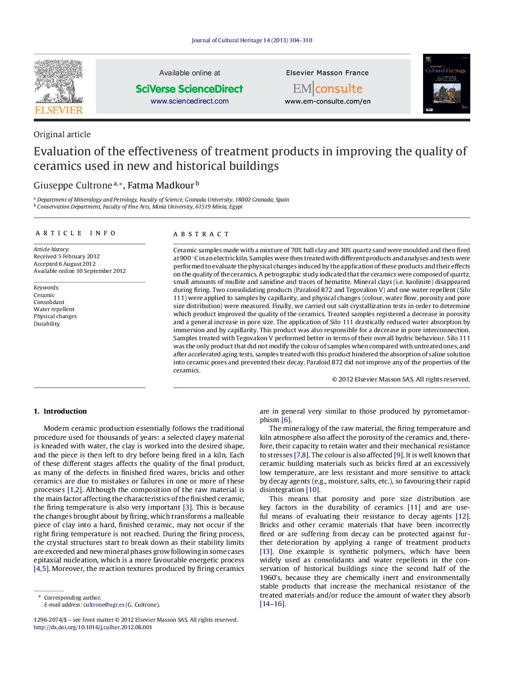 Evaluation of the effectiveness of treatment products in improving the quality of ceramics used in new and historical buildings