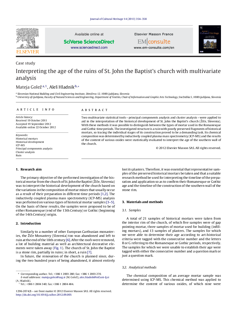 Interpreting the age of the ruins of St. John the Baptist's church with multivariate analysis